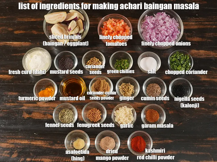 Step 2 – <p><i><u>See the below image of list of ingredients for making achari baingan masala recipe.</u></i></p>