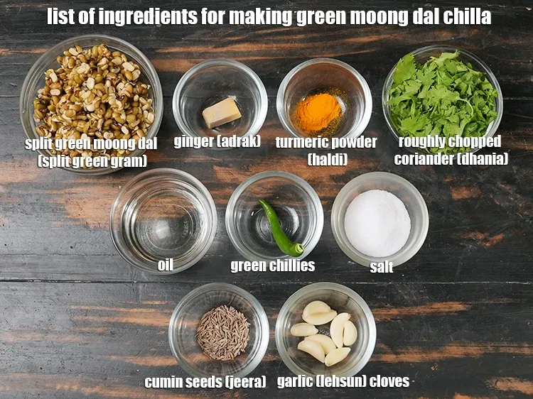 Step 2 – <p><i><u>See the below image of list of ingredients for making green moong dal chilla recipe.</u></i></p>