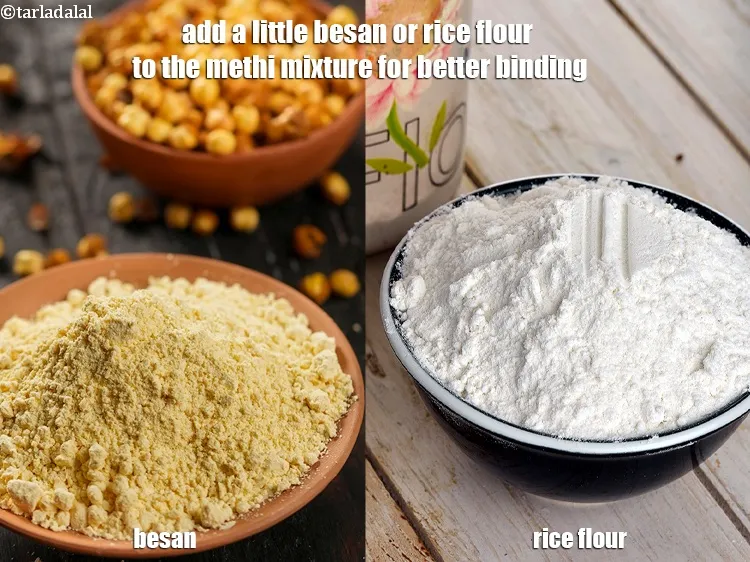 Step 37 – <p>Add a little besan or rice flour to the methi mixture for better binding.</p>