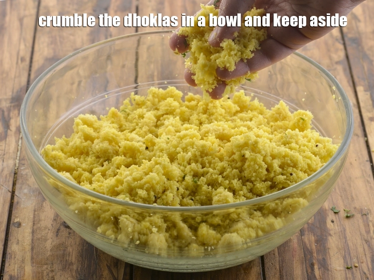 Step 1 – <p>Crumble the 20 <a href="https://www.tarladalal.com/nylon-khaman-dhokla-gujarat-recipe-547r"><u>nylon khaman dhokla</u></a> in a bowl and keep aside. Traditionally, <strong>Amiri …