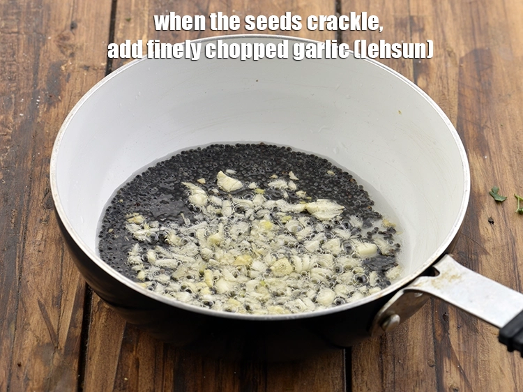 Step 3 – <p>When the seeds crackle, add the <span style="background-color:rgb(255,255,255);color:rgb(0,0,0);">2 tsp finely </span><a href="https://www.tarladalal.com/glossary-garlic-lehsun-lahsun-348i#ing_2370"><u>chopped garlic (lehsun)</u></a>. You …