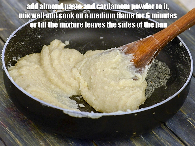 Step 8 – <p><span style="background-color:rgb(255,255,255);color:rgb(0,0,0);">Add the <strong>almond paste</strong> and 1/4 tsp </span><a href="https://www.tarladalal.com/glossary-cardamom-powder-elaichi-powder-265i"><u>cardamom (elaichi) powder</u></a><span style="background-color:rgb(255,255,255);color:rgb(0,0,0);"> to it, …