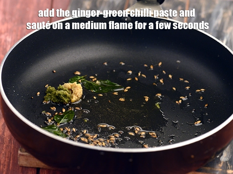 Step 5 – <p><span style="background-color:rgb(255,255,255);color:rgb(0,0,0);">When the seeds crackle, add the 2 tsp </span><a href="https://www.tarladalal.com/glossary-ginger-green-chilli-paste-adrak-mirch-ki-paste-adrak-mirchi-paste-139i"><u>ginger-green chilli paste</u></a><span style="background-color:rgb(255,255,255);color:rgb(0,0,0);"> and …