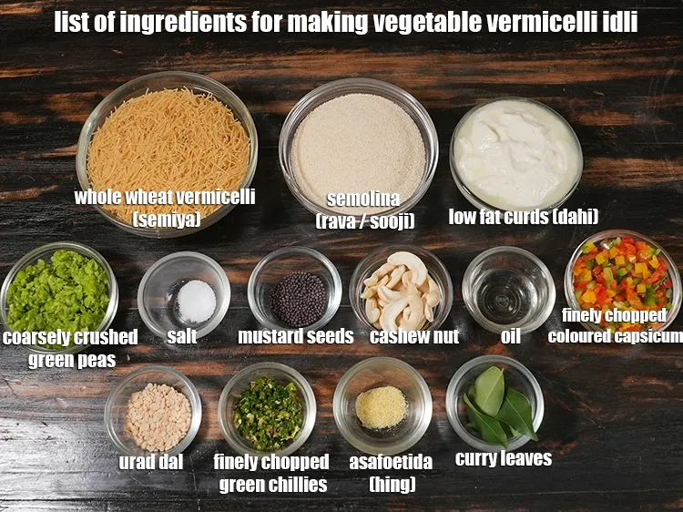 Step 2 – <p><i><u>See the below image of list of ingredients for making vegetable vermicelli idli recipe.</u></i></p>