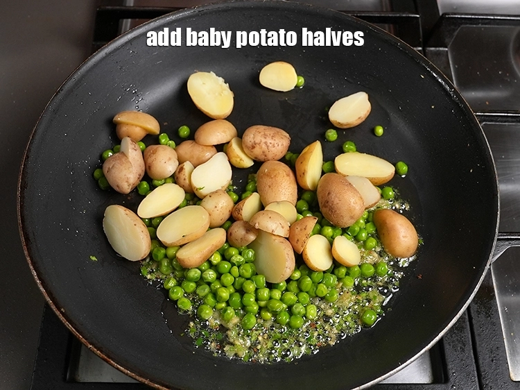 Step 38 – <p><span style="color:rgb(0,0,0);">Add 2 cups baby potato halves. Note that we have used unpeeled potatoes. So …
