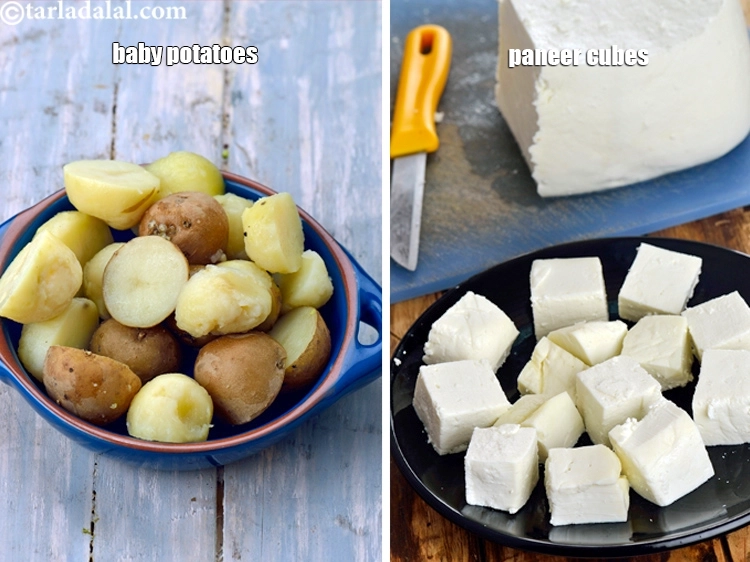 Step 47 – <p><span style="background-color:rgb(255,255,255);color:rgb(0,0,0);">Cut the potatoes and paneer into bite sized pieces.</span></p>