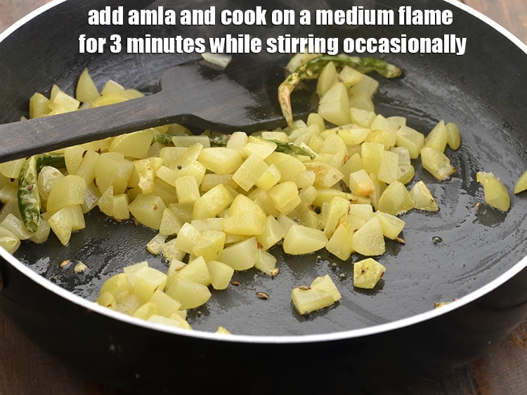 Step 5 – <p><span style="background-color:rgb(255,255,255);color:rgb(0,0,0);">Add the 1 cup </span><a href="https://www.tarladalal.com/glossary-amla-Indian-gooseberry-49i#ing_3031"><u>chopped amla (Indian gooseberries)</u></a><span style="background-color:rgb(255,255,255);color:rgb(0,0,0);"> and cook on a …