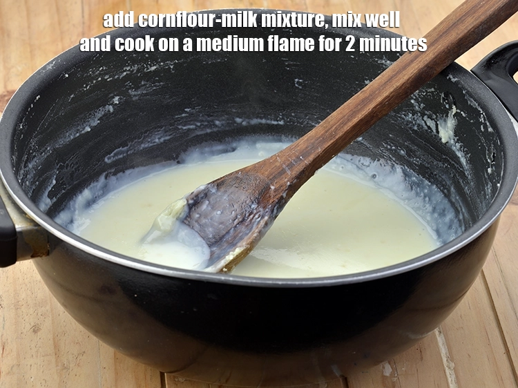 Step 11 – <p><span style="background-color:rgb(255,255,255);color:rgb(0,0,0);">Add the <strong>cornflour-milk mixture</strong>, mix well and cook on a medium flame for 2 …
