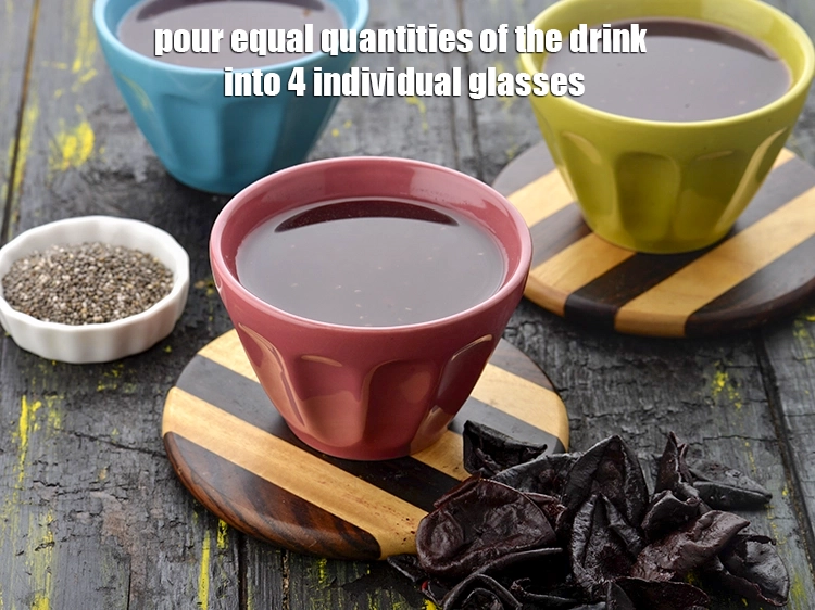 Step 8 – <p><span style="background-color:rgb(255,255,255);color:rgb(0,0,0);">Pour equal quantities of the <strong>Kokum and Chia Seed Drink</strong> into 4 individual glasses.</span></p>