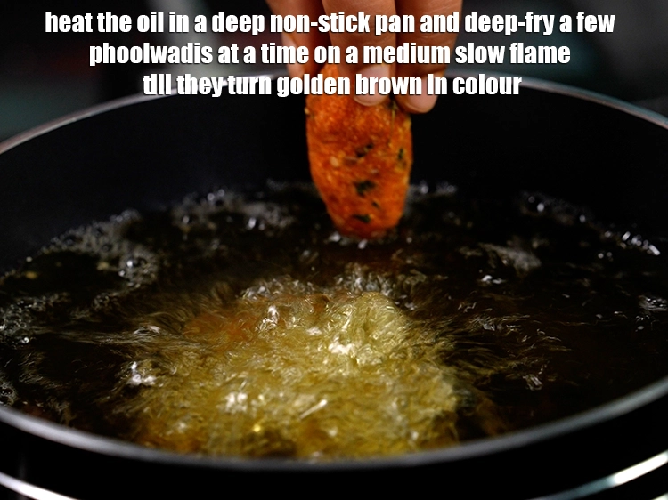 Step 4 – <p><span style="background-color:rgb(255,255,255);color:rgb(0,0,0);">Heat the oil in a deep non-stick pan and deep-fry a few phoolwadis at …