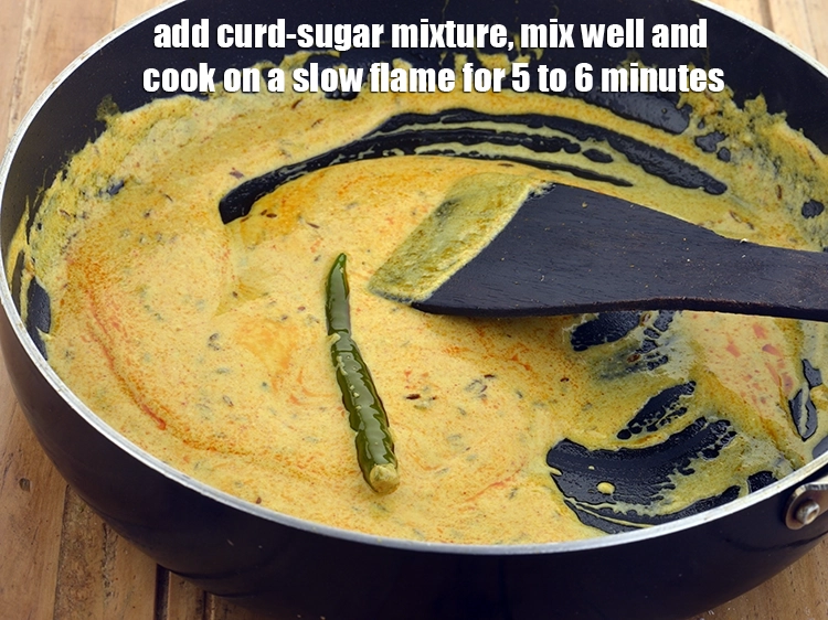 Step 13 – <p><span style="background-color:rgb(255,255,255);color:rgb(0,0,0);">Add the <strong>curd-sugar mixture</strong>, mix well and cook on a slow flame for 5 …