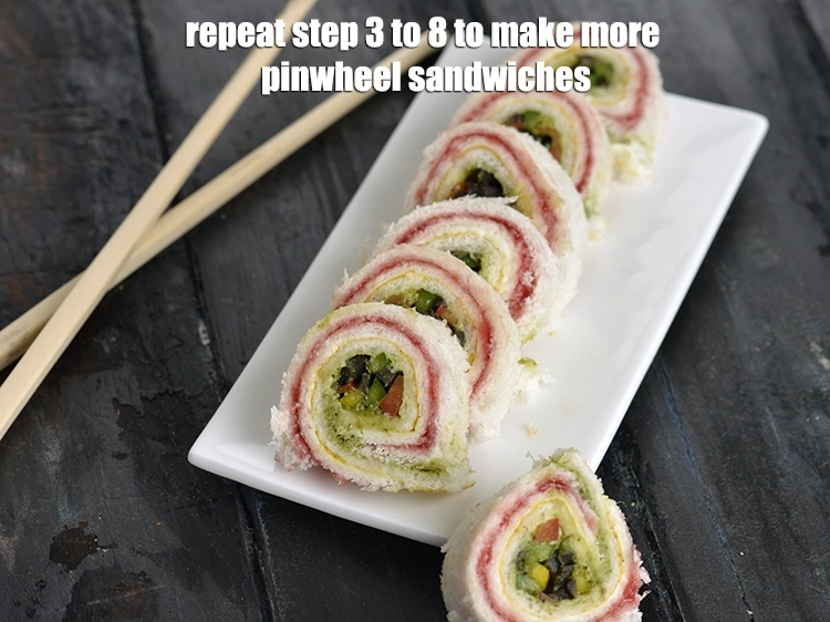 Step 10 – <p><span style="background-color:rgb(255,255,255);color:rgb(0,0,0);">Repeat step 3 to 8 to make more <strong>pinwheel sandwiches</strong>.</span></p>
