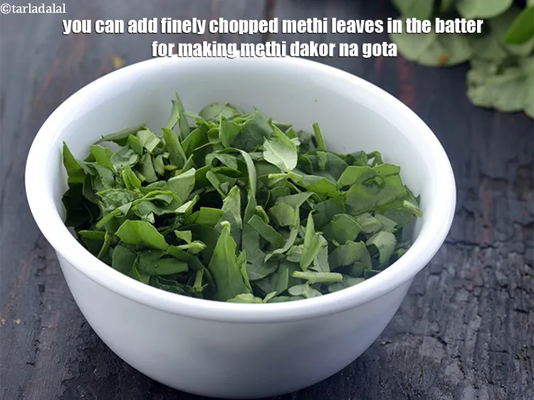 Step 48 – <p>You can add finely chopped methi leaves in the batter for making methi dakor na …