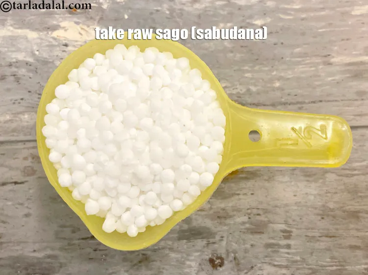 Step 3 – <html><head></head><body><p>This is what sabudana looks like. Take&nbsp;½ cup of raw sago (sabudana).</p></body></html>