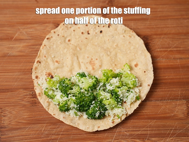 Step 11 – <p><span style="background-color:rgb(255,255,255);color:rgb(0,0,0);">Place a portion of the stuffing on one half of the tortilla.&nbsp;Spread it evenly.</span></p>