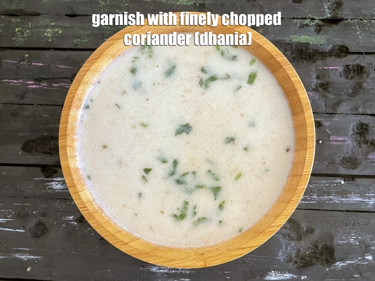 Step 31 – <p>Transfer <strong>farali mungfali kadhi</strong>&nbsp;to a serving bowl and garnish with coriander.</p>