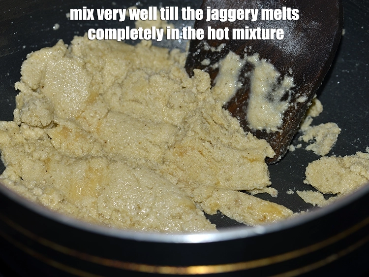 Step 15 – <p>Mix very well till the jaggery melts completely in the hot mixture of <strong>Golpapdi</strong>.&nbsp;</p>