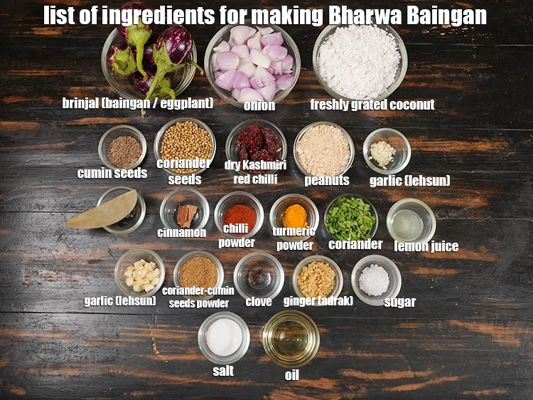 Step 1 – <p><i>See the below image of list of ingredients for making <strong>Bharwa Baingan, Punjabi Bharwan Baingan …