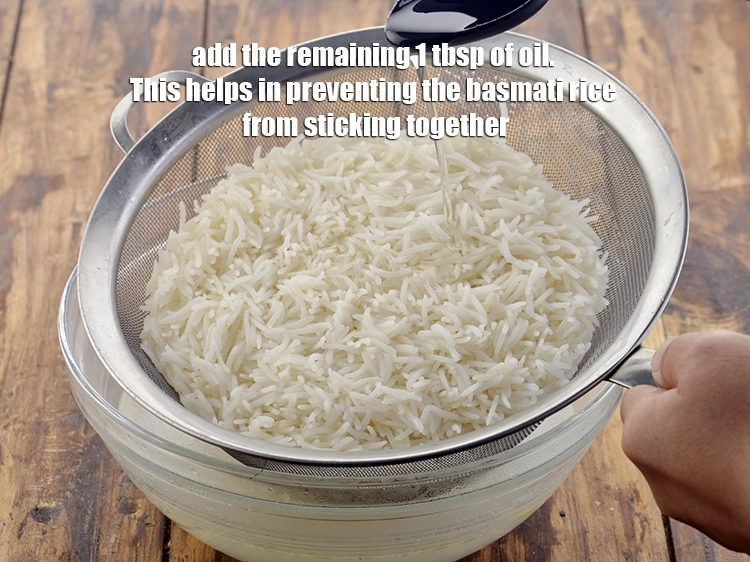 Step 11 – <p>Add the remaining 1 tbsp of <a href="https://www.tarladalal.com/glossary-oil-671i"><u>oil</u></a>. This helps in preventing the&nbsp;<strong>basmati rice</strong>&nbsp;from sticking …