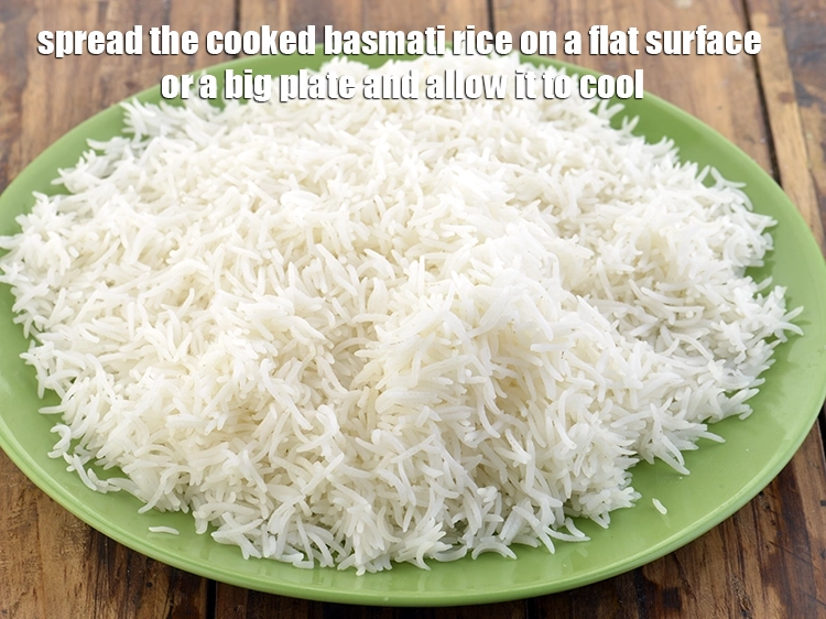 Step 13 – <p>Spread the <strong>cooked</strong>&nbsp;<strong>basmati rice</strong>&nbsp;on a flat surface or a big plate and allow it to …