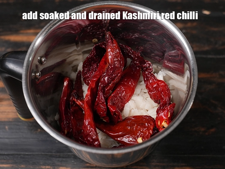 Step 11 – <p><span style="background-color:rgb(255,255,255);color:rgb(0,0,0);">Add soaked and drained </span><a href="https://www.tarladalal.com/glossary-whole-dry-kashmiri-red-chillies-kashmiri-mirch-kashmiri-lal-mirch-332i"><u>Kashmiri red chilli</u></a><u>.</u></p>