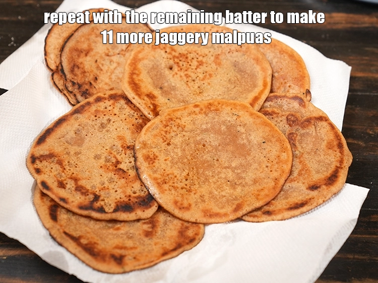 Step 18 – <p>Repeat with the remaining batter to make 11 more <strong>jaggery malpuas | whole wheat jaggery …