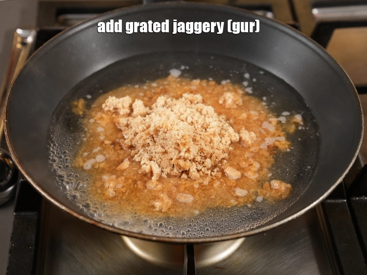 Step 3 – <p>Add <span style="background-color:rgb(255,255,255);color:rgb(0,0,0);">1/2 cup </span><a href="https://www.tarladalal.com/glossary-jaggery-gur-gud-kala-gud-477i#ing_2806"><u>grated jaggery (gur)</u></a>. We have grated the jaggery as it …