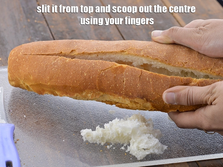 Step 6 – <p><span style="background-color:rgb(255,255,255);color:rgb(0,0,0);">Place the 1 </span><a href="https://www.tarladalal.com/glossary-baguette-French-bread-1544i"><u>baguette</u></a><span style="background-color:rgb(255,255,255);color:rgb(0,0,0);"> on a clean, dry surface and slit it …