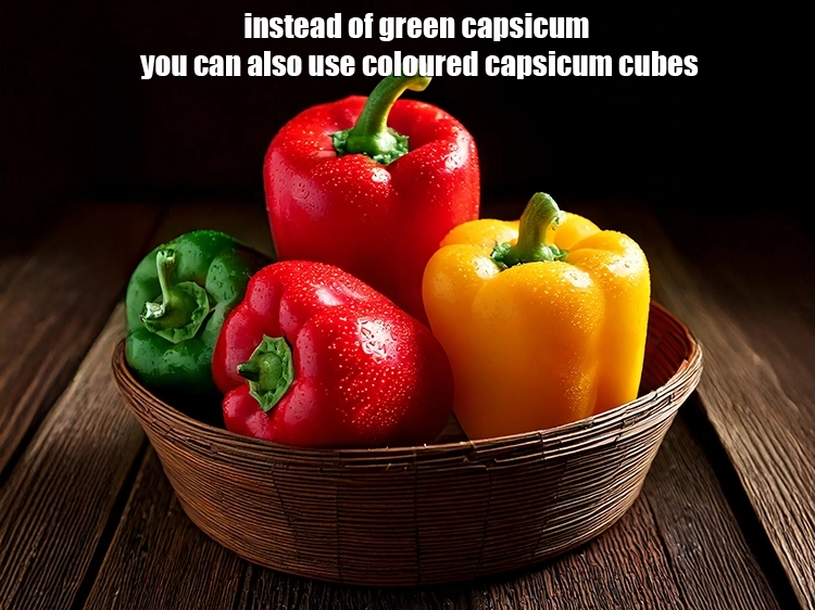 Step 45 – <p>Instead of green capsicum you can also use coloured capsicum cubes to make this recipe.</p>