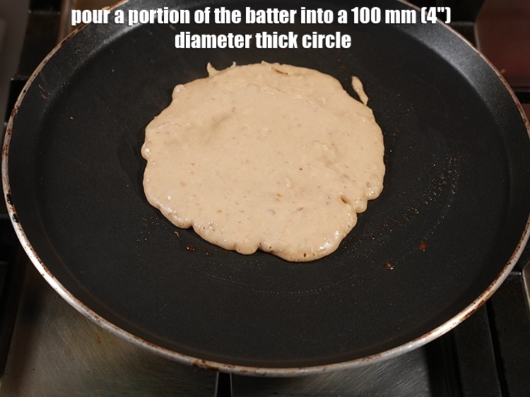 Step 14 – <p>Pour a portion of the batter into a 100 mm (4") diameter thick circle.</p>