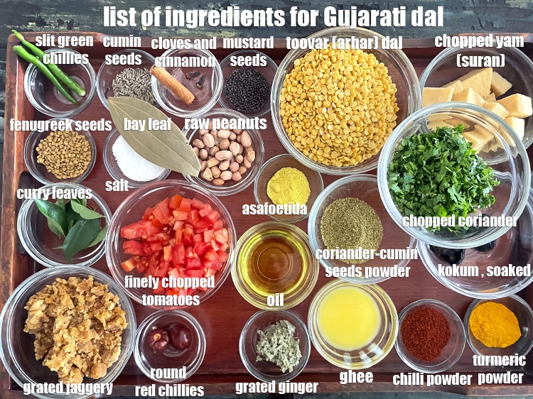 Step 2 – <p><strong>what is Gujarati dal made of ?</strong>&nbsp;<i><u>See below images of list of ingredients for</u>&nbsp;<u>Gujarati dal.</u></i></p>
