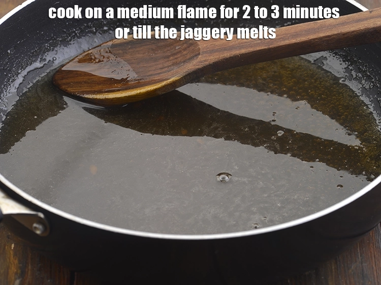 Step 3 – <p>Cook on a medium flame for 2 to 3 minutes or till the jaggery melts<span …