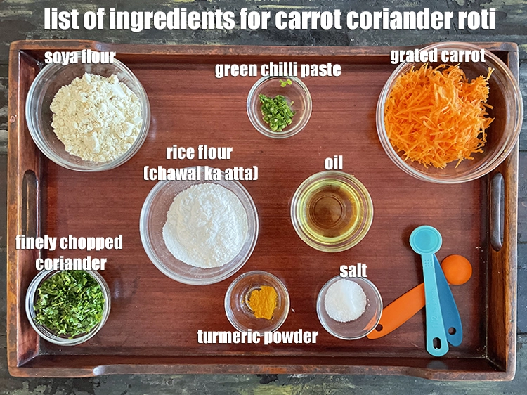 Step 2 – <html><head></head><body><p><i><u>See below image of list of ingredients for </u><strong><u>carrot coriander roti.</u></strong></i></p></body></html>