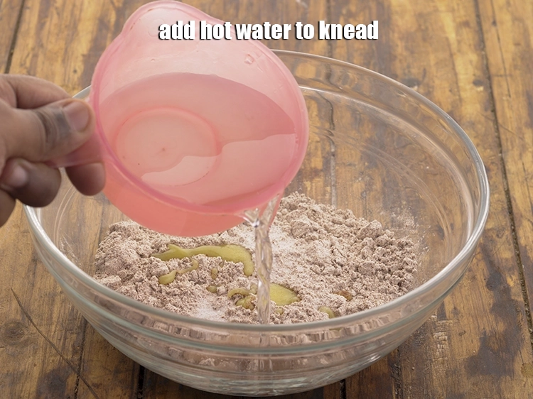 Step 7 – <html><head></head><body><p>Add <strong>hot water</strong> to knead. Unlike wheat flour, ragi flour contains a higher amount of …