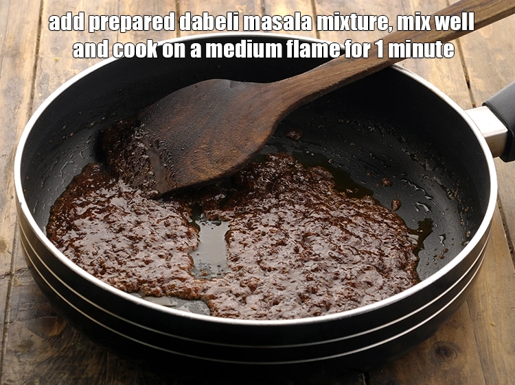Step 9 – <p>Add the <strong>prepared dabeli masala</strong> <strong>mixture</strong>, mix well and cook on a medium flame for …