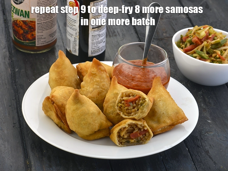 Step 17 – <p><span style="background-color:rgb(255,255,255);color:rgb(0,0,0);">Repeat step 9 to deep-fry 8 more <strong>samosas</strong> in one more batch.</span></p>