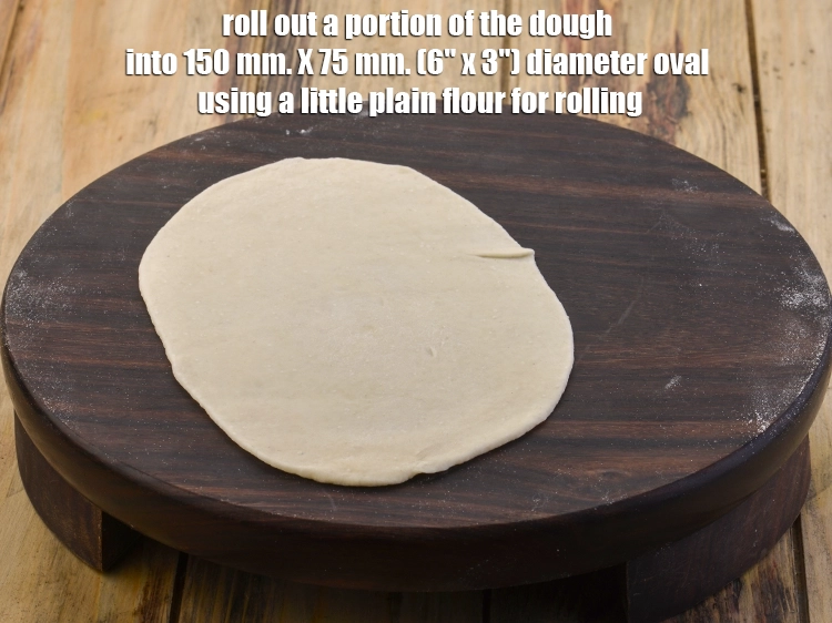 Step 8 – <p><span style="background-color:rgb(255,255,255);color:rgb(0,0,0);">Roll out a portion of the dough into 150 mm. X 75 mm. (6" …