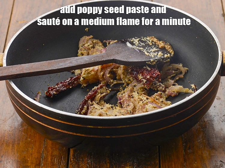Step 4 – <p><span style="background-color:rgb(255,255,255);color:rgb(0,0,0);">Add the <strong>poppy seed paste</strong> and sauté on a medium flame for a minute.</span></p>