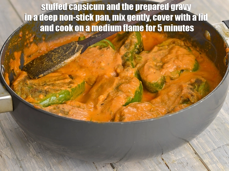 Step 18 – <p><span style="background-color:rgb(255,255,255);color:rgb(0,0,0);">Combine the <strong>stuffed capsicum</strong> and the <strong>prepared gravy</strong> in a deep non-stick pan, mix …