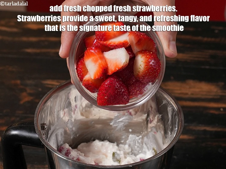 Step 9 – <p>Add 1 cup fresh <a href="https://www.tarladalal.com/glossary-chopped-strawberries-808i">chopped fresh strawberries</a>. Strawberries provide a sweet, tangy, and refreshing …