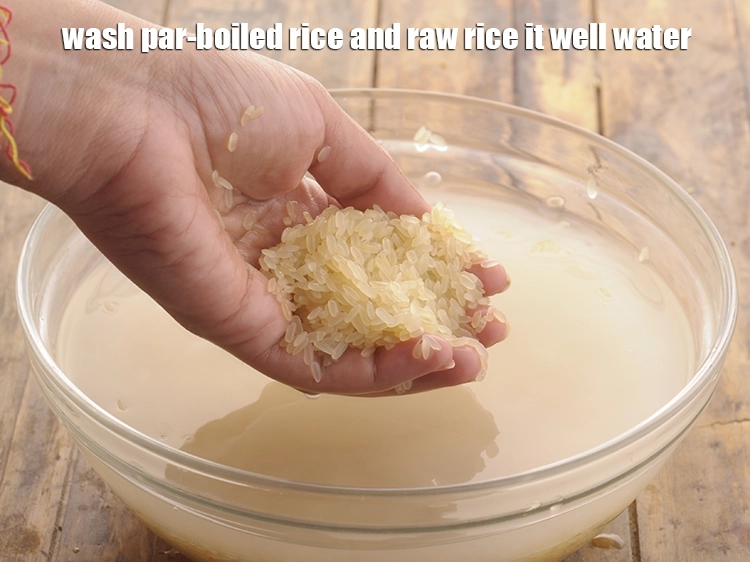 Step 7 – <p>Wash <strong>par-boiled rice and raw rice</strong> it well water and drain it</p>