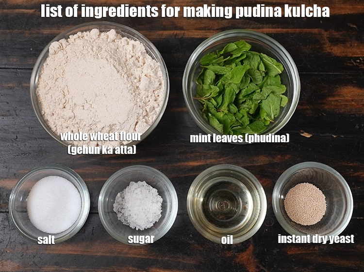 Step 1 – <p><i><u>See the below image of list of ingredients for making </u><strong><u>pudina kulcha.</u></strong></i></p>