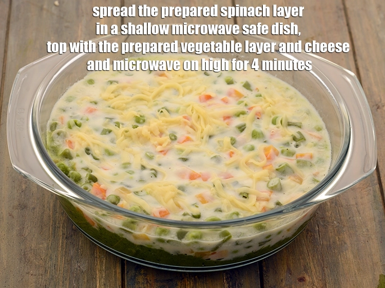 Step 7 – <p><span style="background-color:rgb(255,255,255);color:rgb(0,0,0);">To make </span><strong>vegetable florentine</strong><span style="background-color:rgb(255,255,255);color:rgb(0,0,0);">, spread the <strong>prepared spinach layer</strong> in a shallow microwave …
