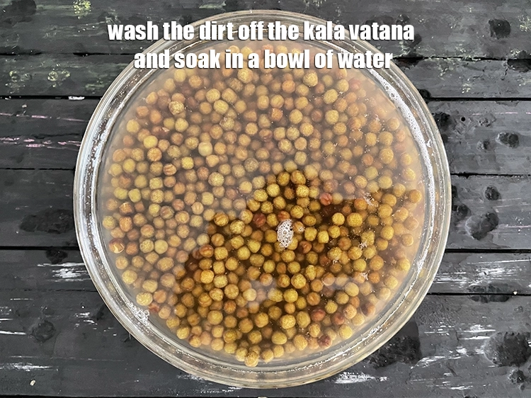 Step 2 – <p><span style="background-color:rgb(255,255,255);color:rgb(0,0,0);">Wash the dirt off the <strong>kala vatana</strong> and soak in a bowl of water.</span></p>