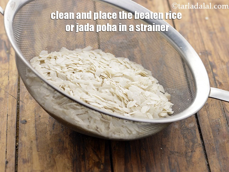 Step 12 – <html><head><meta charset="UTF-8"></head><body><p>To prepare the <strong>poha cutlets</strong>, clean and place the <a href="https://www.tarladalal.com/glossary-beaten-rice-poha-rice-flakes-flaked-rice-536i#ing_2943"><u>thick beaten rice (jada …