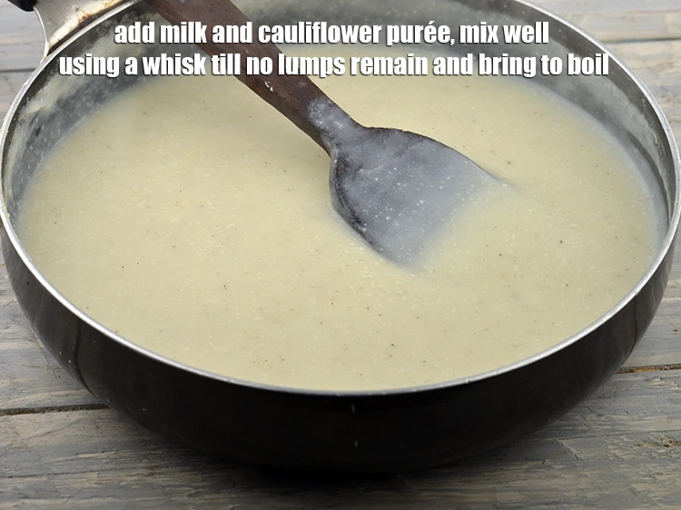 Step 5 – <p><span style="background-color:rgb(255,255,255);color:rgb(0,0,0);">Add the 1 cup low-fat </span><a href="https://www.tarladalal.com/glossary-milk-doodh-full-cream-milk-514i"><u>milk </u></a><span style="background-color:rgb(255,255,255);color:rgb(0,0,0);">, 99.7% fat-free and <strong>cauliflower purée</strong>, …