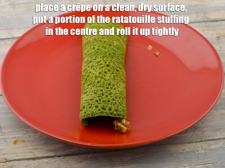 Step 11 – <p><span style="color:rgb(13,13,13);">Place a <strong>crêpe</strong> on a clean, dry surface, put a portion of the ratatouille …