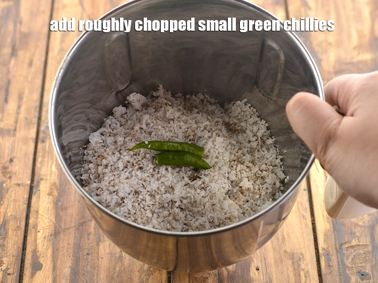Step 2 – <p>Add roughly chopped <span style="background-color:rgb(255,255,255);color:rgb(0,0,0);">2 small </span><a href="https://www.tarladalal.com/glossary-green-chillies-hari-mirch-331i"><u>green chilli</u></a>. If you like your South-Indian coconut …