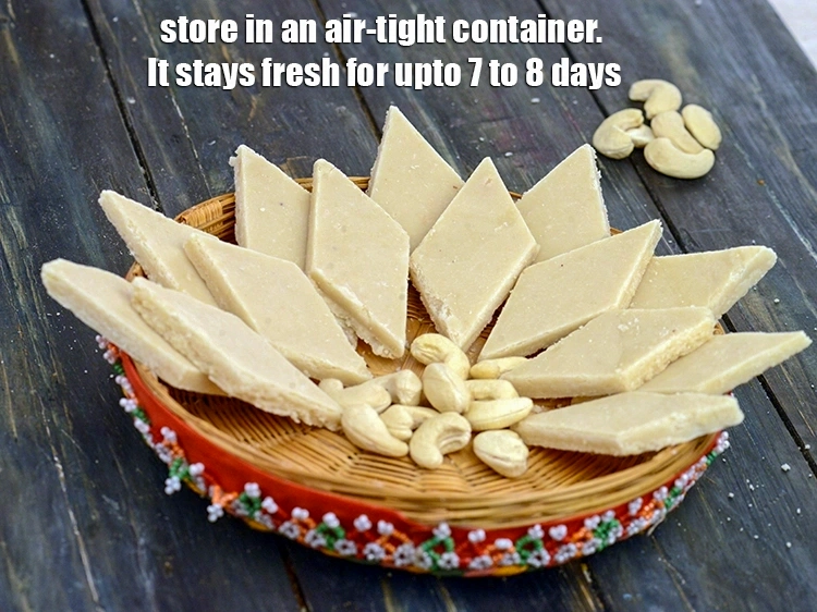 Step 18 – <p><span style="background-color:rgb(255,255,255);color:rgb(0,0,0);">Store <strong>Kaju Katli</strong> in an air-tight container. It stays fresh for upto 7 to …