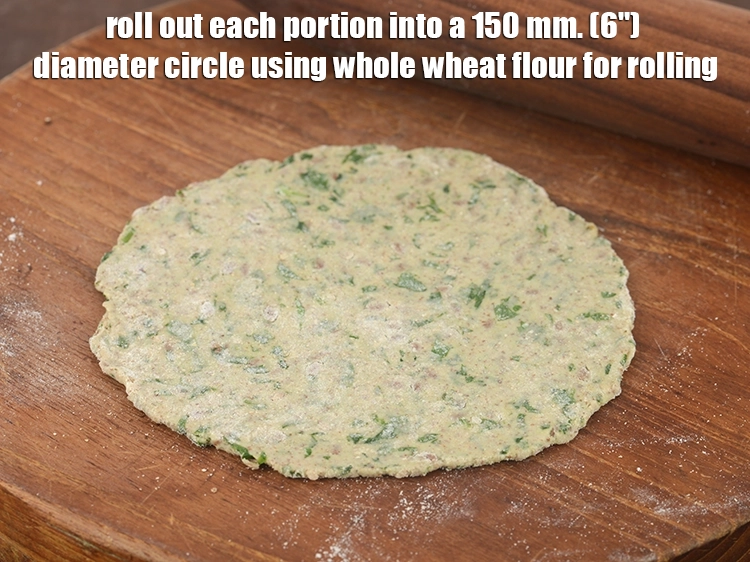 Step 15 – <p><span style="background-color:rgb(255,255,255);color:rgb(0,0,0);">Roll out each portion into a 150 mm. (6") diameter circle using whole wheat …